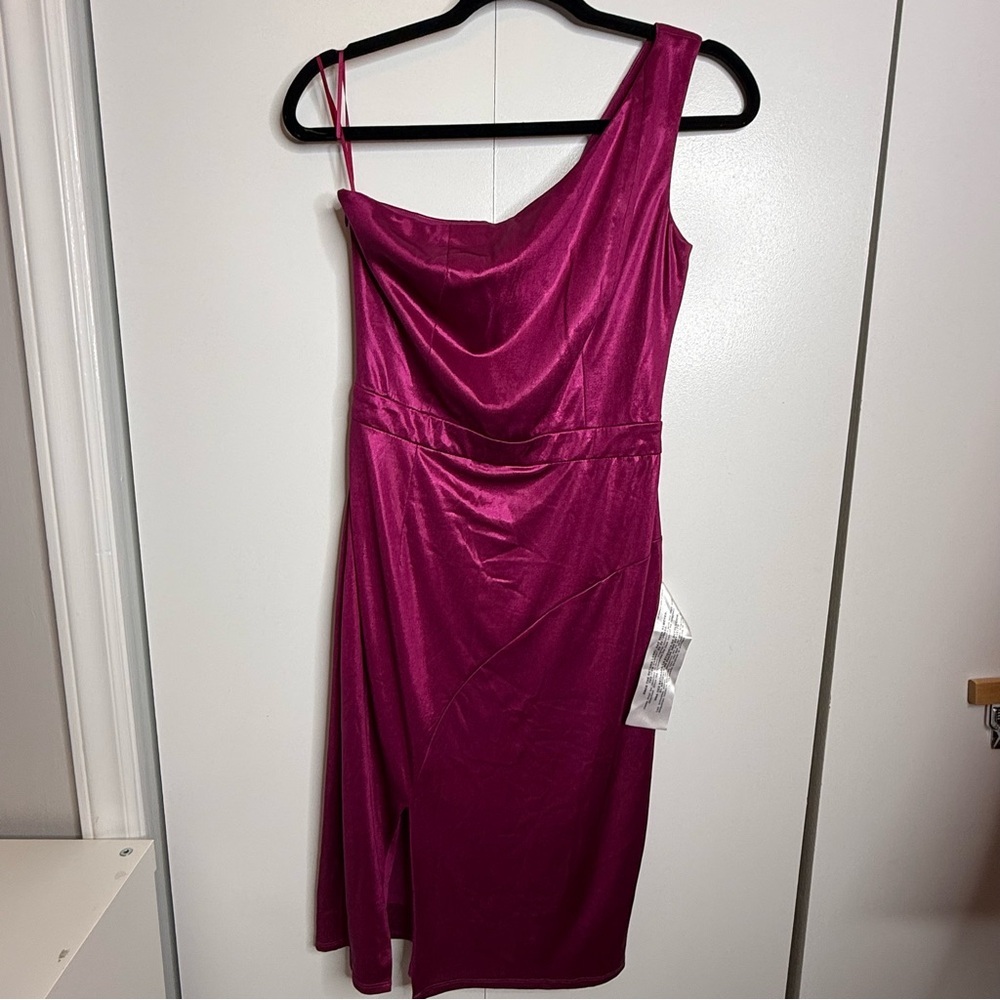 Dress The Population Laos Metallic Pink Fuchsia One Shoulder Dress Small NWT - Picture 2 of 13